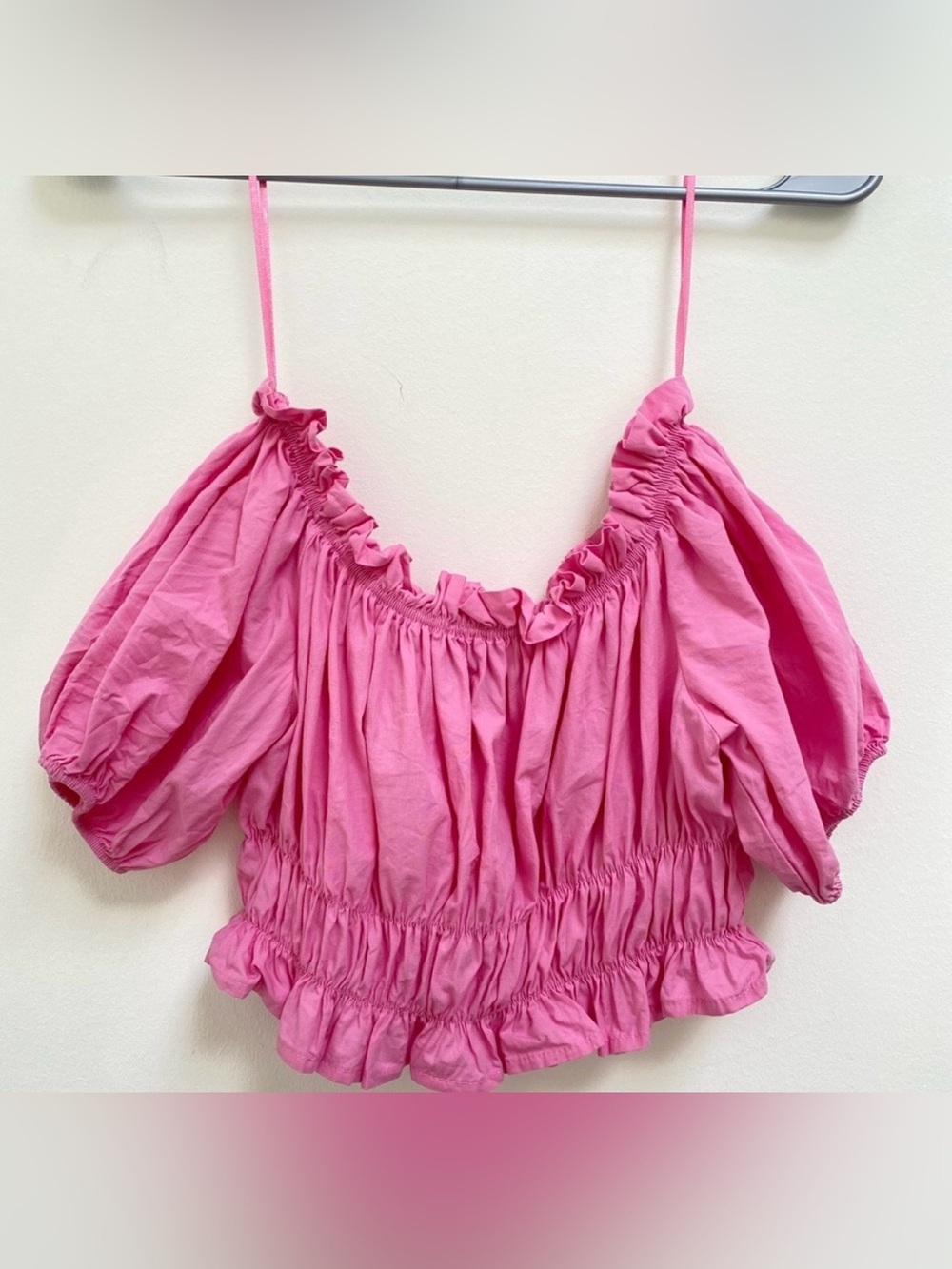 Zara Hot Pink Ruffled Off-Shoulder Crop Top